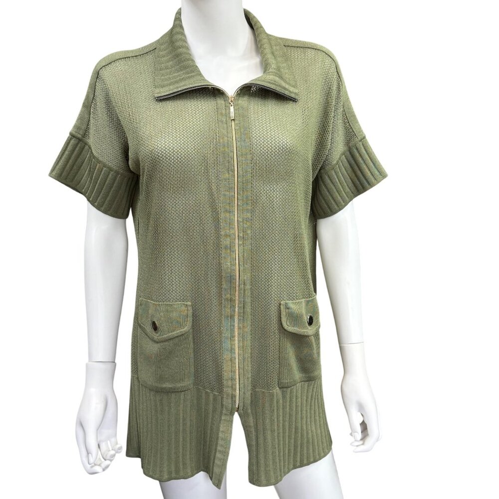 Exclusively Misook Olive Green Short Sleeve Knit Cardigan w/ Zipper & Pocket XL